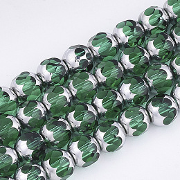 Honeyhandy Electroplate Glass Beads Strands, Half Silver Plated, Faceted, Round, Green, 8~8.5x7~8mm, Hole: 1mm, about 40pcs/strand, 11.8 inch