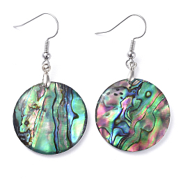 Honeyhandy Abalone Shell/Paua Shell Dangle Earrings, with Brass Ice Pick Pinch Bails and Earring Hooks, Flat Round, Platinum, 46mm, Pin: 0.7mm