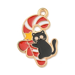 Christmas Kitty Alloy Enamel Pendants, Light Gold, Cat Charm, Candy Cane, 26x17.5x1.2mm, Hole: 2mm