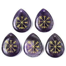 Honeyhandy Natural Amethyst Pendants, Teardrop with Nordic Pagan Pattern, 32~33.5x25~26x6.5~7.5mm, Hole: 2mm, 6pcs/bag