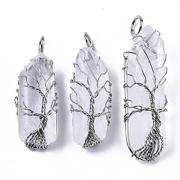 Honeyhandy Natural Quartz Crystal Big Wire Wrapped Pendants, with Brass Wires, prismatic with Tree of Life, Platinum, 48~62x14~17x13~18mm, Hole: 4x5~6mm