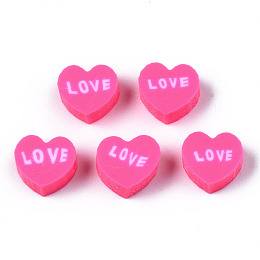 Honeyhandy Handmade Polymer Clay Beads, Heart with Word Love, Hot Pink, 8~8.5x9~9.5x4.5mm, Hole: 1.8mm