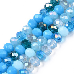 Honeyhandy Electroplate Glass Beads Strands, Faceted, Rondelle, Deep Sky Blue, 5.5~6x5mm, Hole: 1mm, about 90~92pcs/strand, 16.54 inch~16.93 inch(42~43cm)