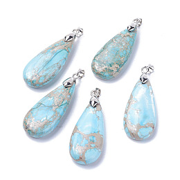 Honeyhandy Natural Regalite/Imperial Jasper/Sea Sediment Jasper Pendants, Dyed, with Platinum Tone Brass Findings, teardrop, Sky Blue, 35~35.5x15~15.5x6.5~7.2mm, Hole: 4x4.2mm