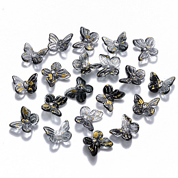 Honeyhandy Two Tone Transparent Spray Painted Glass Charms, with Glitter Powder, Butterfly, Black, 9.5x11x3mm, Hole: 0.8mm