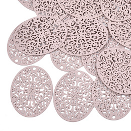 Honeyhandy 430 Stainless Steel Filigree Pendants, Spray Painted, Etched Metal Embellishments, Oval, Pink, 31x23.5x0.3mm, Hole: 1.8mm