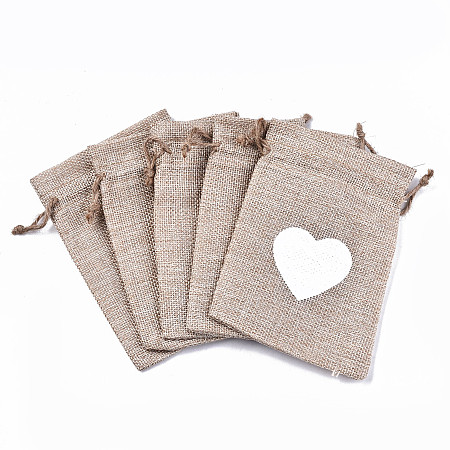Honeyhandy Burlap Packing Pouches Drawstring Bags, with Heart Pattern, White, 14x10cm