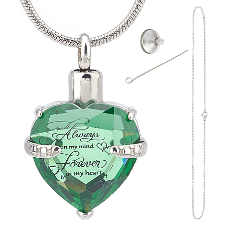 CREATCABIN Heart Cremation Urn Necklace for Ashes Birthstone Crystal Memorial Keepsake Pendant Always on My Mind Forever in My Heart Ash Holder Stainless Steel with Fill Kit(August-Lime Green)