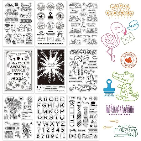 GLOBLELAND 9 Sheets Mixed Theme Silicone Clear Stamps Seal for Card Making Decor and DIY Scrapbooking(Birthday Stamps Scenery Seasons Forest Animals Mother's Day Letters Father's Day)