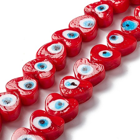 Honeyhandy Handmade Evil Eye Lampwork Beads, Heart, Red, 14.5~15x15.5~16x6.5~7.5mm, Hole: 1~1.6mm, about 25pcs/strand, 14.02~13.66 inch(34.7~35.6cm)