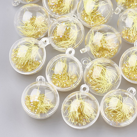 Plastic Ball Pendants, with Dried Flower and Resin, Round, Gold, 36x30x30mm, Hole: 3mm