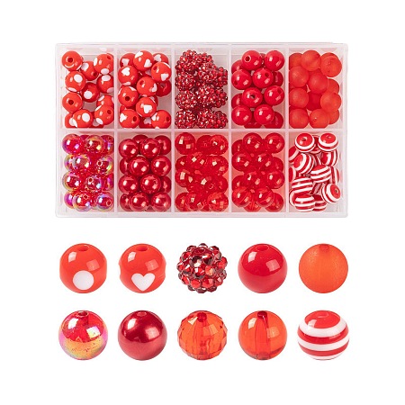ARRICRAFT 160Pcs/Box 10 Styles Opaque & Transparent, Resin Rhinestone, Imitation Pearl and Solid Color Chewing Gum Acrylic Beads, Gumball Beads, Round, Red, 16pcs/style