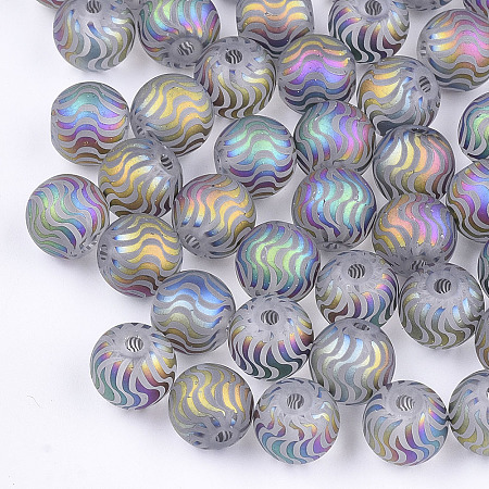 Arricraft Electroplate Glass Beads, Frosted, Round with Wave Pattern, Colorful, 8~8.5mm, Hole: 1.5mm