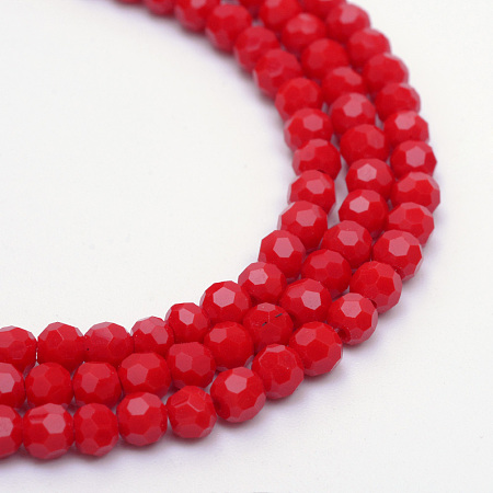 Honeyhandy Opaque Solid Glass Bead Strands, Faceted Round, Red, 4~5mm, Hole: 0.5mm, about 93~98pcs/strand, 14.69 inch(37.3cm)
