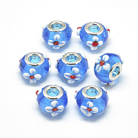 Honeyhandy Handmade Lampwork European Beads, Bumpy Lampwork, with Platinum Brass Double Cores, Large Hole Beads, Rondelle with Flower, Dodger Blue, 16x14x10.5mm, Hole: 5mm