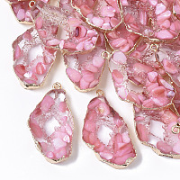 ARRICRAFT Resin Pendants, Imitation Geode, with Shell and Edge Light Gold Plated Iron Loops, Nuggets, Pink, 39x20x5mm, Hole: 1.8mm