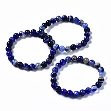 Honeyhandy Natural Striped Agate/Banded Agate Beaded Stretch Bracelets, Dyed, Round, Royal Blue, 2-1/8 inch(55mm)