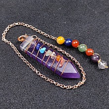 Honeyhandy Natural Amethyst & Mixed Stone Braided Bullet Dowsing Pendulum Pendant Decorations, Chakra Yoga Theme Jewelry for Home Display, 48~52mm