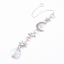 Honeyhandy AB Color Plated Crystal Teardrop Big Pendant Decorations, Hanging Sun Catchers, with Iron Findings & Alloy Pendants, Moon & Star & Sun, Clear AB, 365mm, Pendant: 210x35x10mm