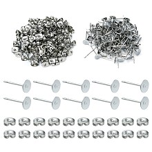 Honeyhandy 100Pcs 304 Stainless Steel Stud Earring Findings, Flat Round Pad Base Earring Settings, with 100Pcs Friction Ear Nuts, Stainless Steel Color, 12x5mm, Pin: 0.8mm