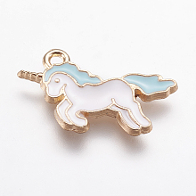 Honeyhandy Alloy Enamel Pendants, Unicorn, Light Gold, Light Sky Blue, 20x15x1.5mm, Hole: 1mm