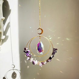 Honeyhandy Electroplate Glass Teardrop Window Hanging Suncatchers, Natural Amethyst Chips & Golden Brass Moon Pendants Decorations Ornaments, 330x85mm