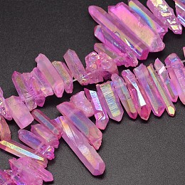 Honeyhandy Electroplated Natural Quartz Crystal Beads Strands, Nuggets, Tusk Shape, AB Color, Dyed, Hot Pink, 7~15x18~60mm, Hole: 1mm, about 46pcs/strand, 16 inch