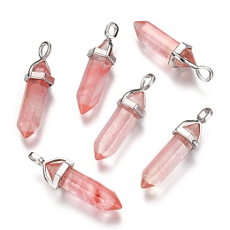 Honeyhandy Cherry Quartz Glass Pointed Pendants, with Platinum Tone Random Alloy Pendant Hexagon Bead Cap Bails, Bullet, 36~40x12mm, Hole: 3x4mm, Gemstone: 8mm in diameter