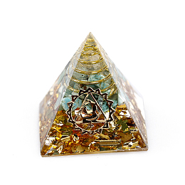 Honeyhandy Chakra Pattern Orgonite Pyramid Resin Display Decorations, with Brass Findings and Synthetic Turquoise Chips Inside, for Home Office Desk, 30.5x30.5x29.5mm