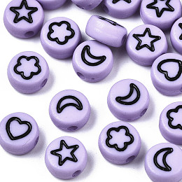 Honeyhandy Opaque Acrylic Beads, with Enamel, Flat Round with Heart & Star & Moon & Flower, Lilac, 7x4mm, Hole: 1.5mm