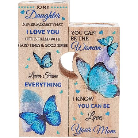SUPERDANT to My Daughter Personalized Wooden Candle Holder Blue Butterfly Pattern Tealight Candle Holder Moon-Shaped Candle Holder Wooden Candlestick Holders with 2 Tealights for Birthday Gifts