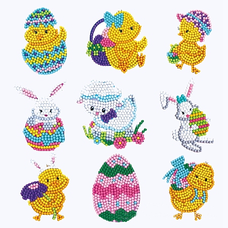 DIY Duck & Rabbit & Easter Egg Diamond Painting Sticker Kits, including Self Adhesive Sticker, Resin Rhinestones, Diamond Sticky Pen, Tray Plate and Glue Clay, Animal Pattern, 60~70mm, 9 patterns, 1pc/pattern, 9pcs