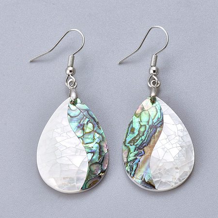 Honeyhandy White Shell & Abalone Shell/Paua Shell Dangle Earrings, with Brass Ice Pick Pinch Bails and Earring Hooks, Teardrop, Platinum, 52mm, Pin: 0.7mm