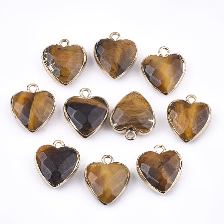 Electroplate Natural Tiger Eye Pendants, with Iron Findings, Faceted, Heart, Golden, 16~17x14~15x6~7mm, Hole: 1.8mm