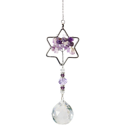 Honeyhandy K9 Crystal Glass Big Pendant Decorations, Hanging Sun Catchers, with Amethyst Chip Beads, Star with Tree of Life, Indigo, 37cm