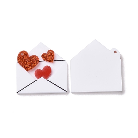 Opaque Acrylic Pendants, Valentine's Day Theme, Envelope Pattern, 34.5x32.5x4mm, Hole: 1.5mm