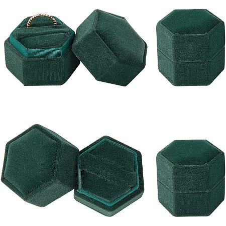 NBEADS 4 Pcs Velvet Ring Box, Hexagon Ring Storage Box Jewelry Boxes Earring Jewelry Case for Wedding Engagement Birthday and Anniversary, Dark Green