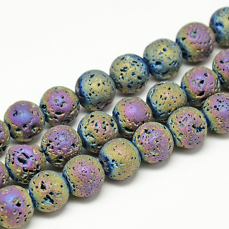 Honeyhandy Electroplate Natural Lava Rock Beads Strands, Matte Style, Round, Multi-color Plated, 8x8.5mm, Hole: 1mm, about 48pcs/strand, 15.3 inch