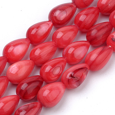 Honeyhandy Natural Freshwater Shell Beads Strands, Dyed, teardrop, Crimson, 8x5mm, Hole: 1mm, about 50pcs/strand, 14.96 inch