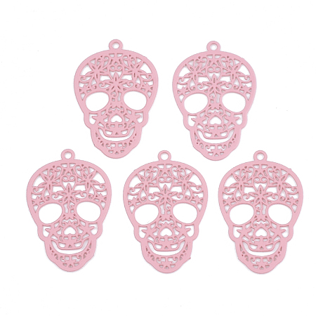 Honeyhandy 430 Stainless Steel Filigree Pendants, Spray Painted, Etched Metal Embellishments, Skull, Flamingo, 23x15x0.5mm, Hole: 1.2mm