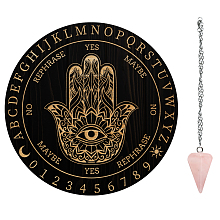 AHANDMAKER 1Pc Cone/Spike/Pendulum Natural Rose Quartz Stone Pendants, 1Pc 304 Stainless Steel Cable Chain Necklaces, 1Pc PVC Custom Pendulum Board, Dowsing Divination Board, Hamsa Hand Pattern, 3pcs/set