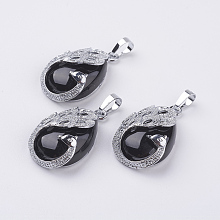 Honeyhandy Natural Black Agate Pendants, with Brass Finding, Teardrop with Peacock, Platinum, 33x20x10.5mm, Hole: 5x6.5mm