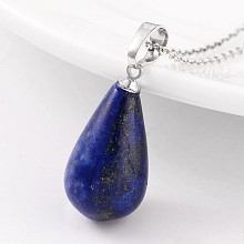 Honeyhandy Teardrop Platinum Tone Brass Lapis Lazulie Pendants, 24~26x13mm, Hole: 5x8mm