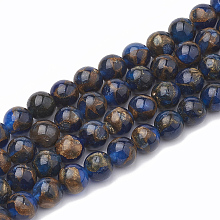 Honeyhandy Natural Chalcedony Beads Strands, Imitation Gold Clinquant Stone, Dyed & Heated, Round, Blue, 10~10.5mm, Hole: 1mm, about 37~38pcs/strand, 14.96~15.35 inch(38~39cm)