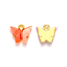 Honeyhandy Alloy Pendants, with Resin and Glitter Powder, Cadmium Free & Lead Free, Butterfly, Golden, Tomato, 13x13~15x3.5mm, Hole: 2mm