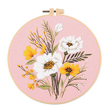 Honeyhandy DIY Flower & Leaf Pattern Embroidery Kits, Including Printed Cotton Fabric, Embroidery Thread & Needles, Imitation Bamboo Embroidery Hoop, Pink, 20x20cm