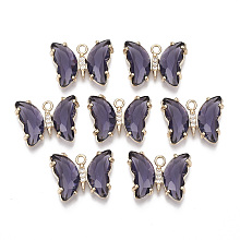 Honeyhandy Glass Pendants, with Micro Pave Cubic Zirconia and Brass Open Back Settings, Faceted, Butterfly, Light Gold, Indigo, 15.5x20x4mm, Hole: 1.8mm