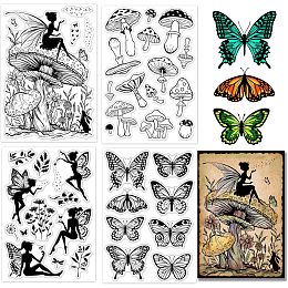 GLOBLELAND 4Pcs Butterfly Fairy Clear Stamps for DIY Scrapbooking Elf Mushroom Silicone Clear Stamp Seals Transparent Stamps for Cards Making Photo Album Journal Home Decoration