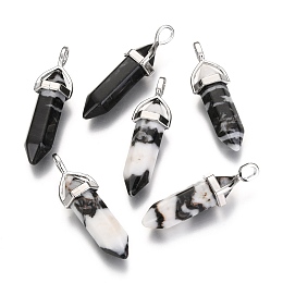 Honeyhandy Natural Zebra Jasper Double Terminated Pointed Pendants, with Random Alloy Pendant Hexagon Bead Cap Bails, Bullet, Platinum, 36~45x12mm, Hole: 3x5mm, Gemstone: 10mm in diameter