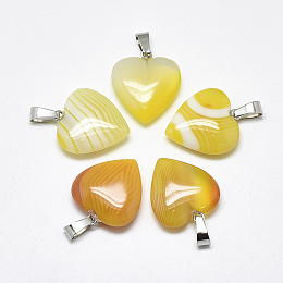 Honeyhandy Natural Banded Agate/Striped Agate Pendants, Dyed, with Stainless Steel Snap On Bails, Heart, Stainless Steel Color, Yellow, 22~24x20~21x5~7mm, Hole: 3~4x7~8.5mm